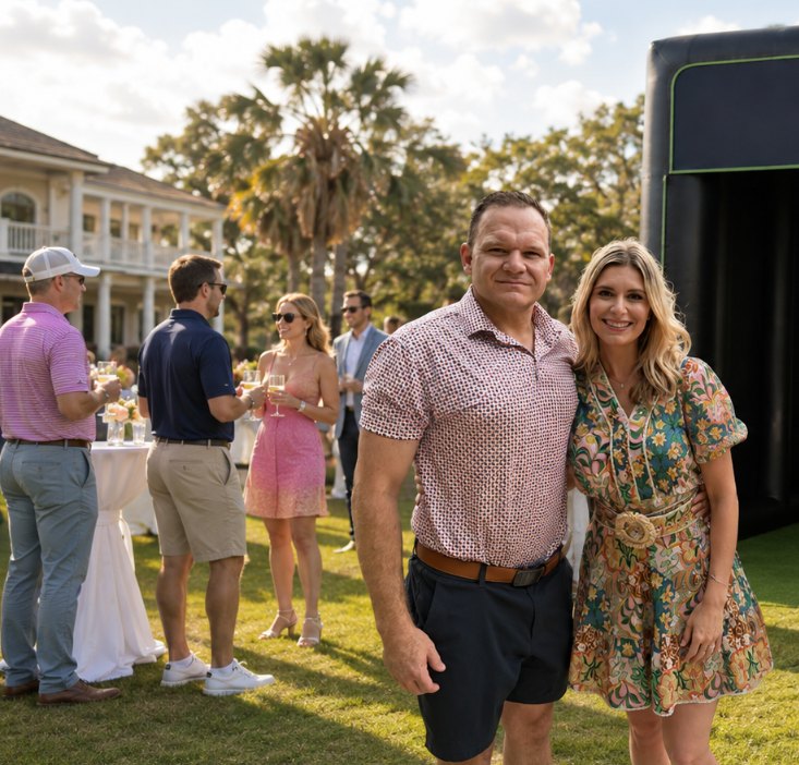 Guests at an outdoor party on a clubhouse lawn with the Palmetto Tee Box hitting bay set up beside them